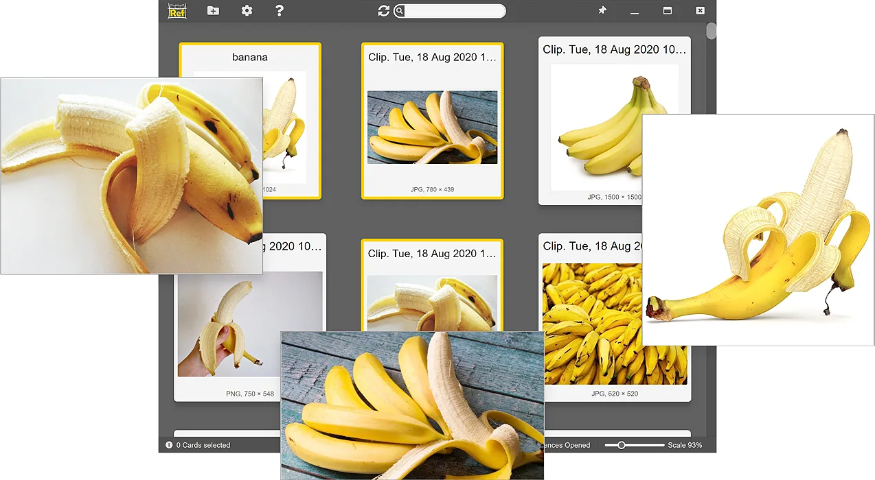 RefShelf interface showing the Shelf window with multiple floating Ref Windows displaying images.