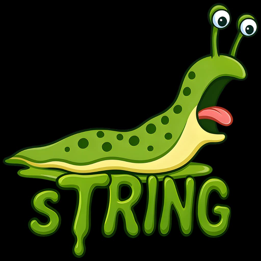 sTRING-Slug logo: A vibrant green slug with googly eyes, symbolizing text transformation, alongside glossy 'STRING' text, representing the free slug generator and case converter tool with a modern UI.